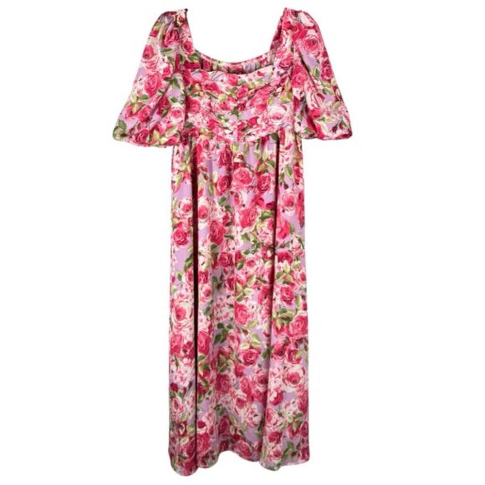 Regency Bridgerton Pink Floral Maxi Dress Small Puff Sleeve Romantic Cottagecore